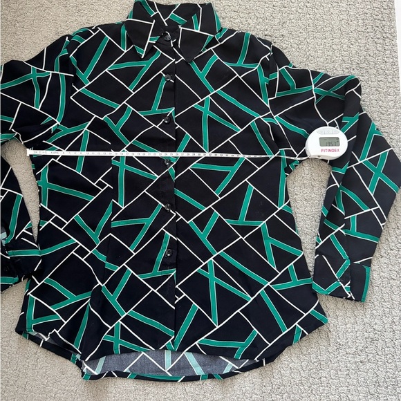 Long Sleeve Green, Black, White Print Button Up Blouse - Picture 3 of 6